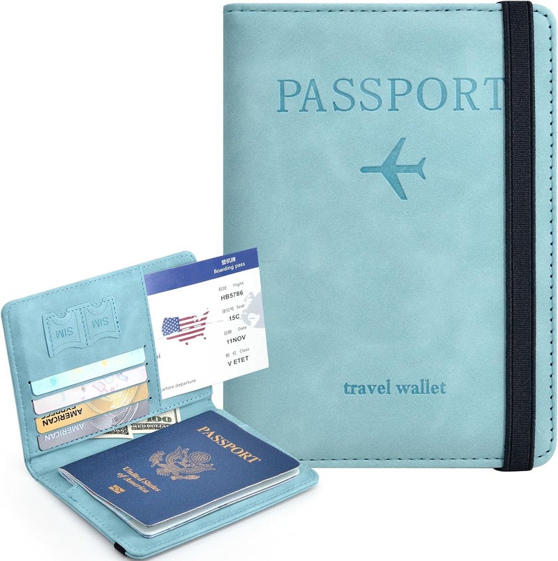 KAOBAN Passport Holder, Passport Cover with Credit Card Slot and Boarding Pass Slot Combo, Passport Wallet Case Book Travel Must Have, RFID Blocking Leather Travel Accessories, Sky Blue - Image 2
